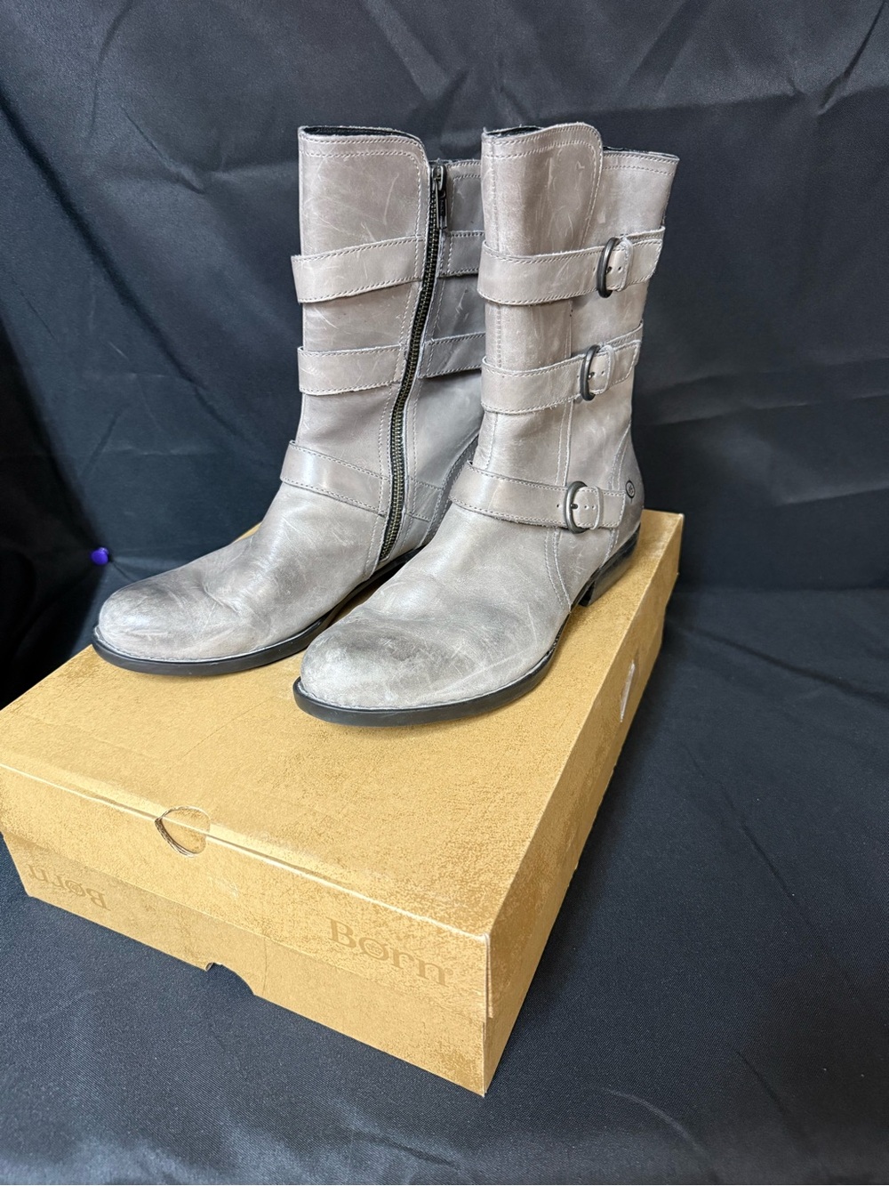 Born Gray Leather Mid-Calf Buckle Lace-Up Boots